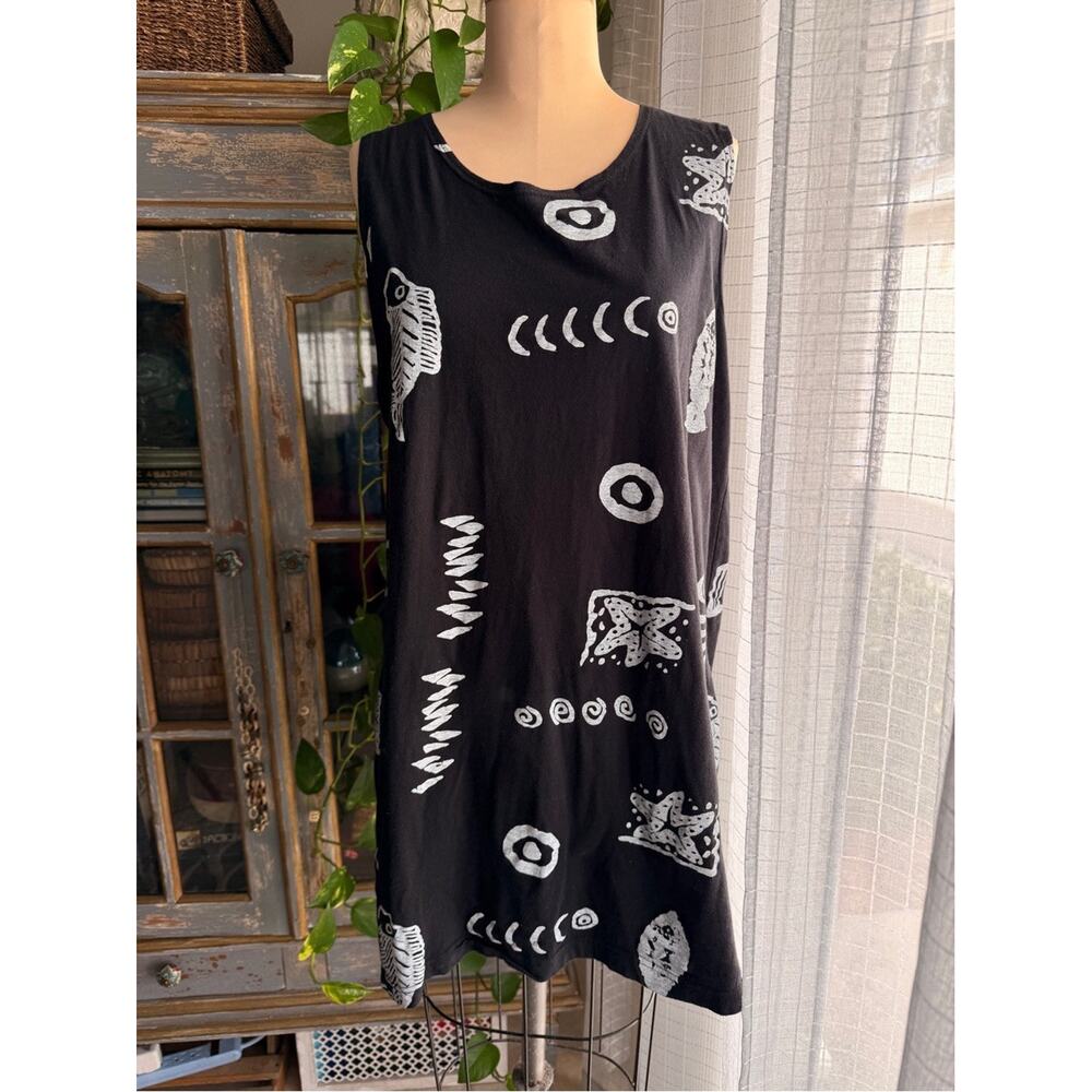 90s Black Fish Starfish Print Tank Swing Dress Ocean Sea Above Knee Large